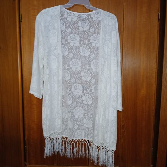 Ultra Pink - Cream Open Front Lace Top/3/4 Sleeves/Knee Length/Bottom Fringe/1X - Picture 1 of 5